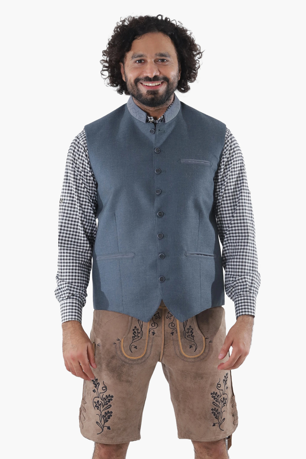 Classic grey Trachten waistcoat in soft wool featuring dark buttons and refined fit over checkered shirts