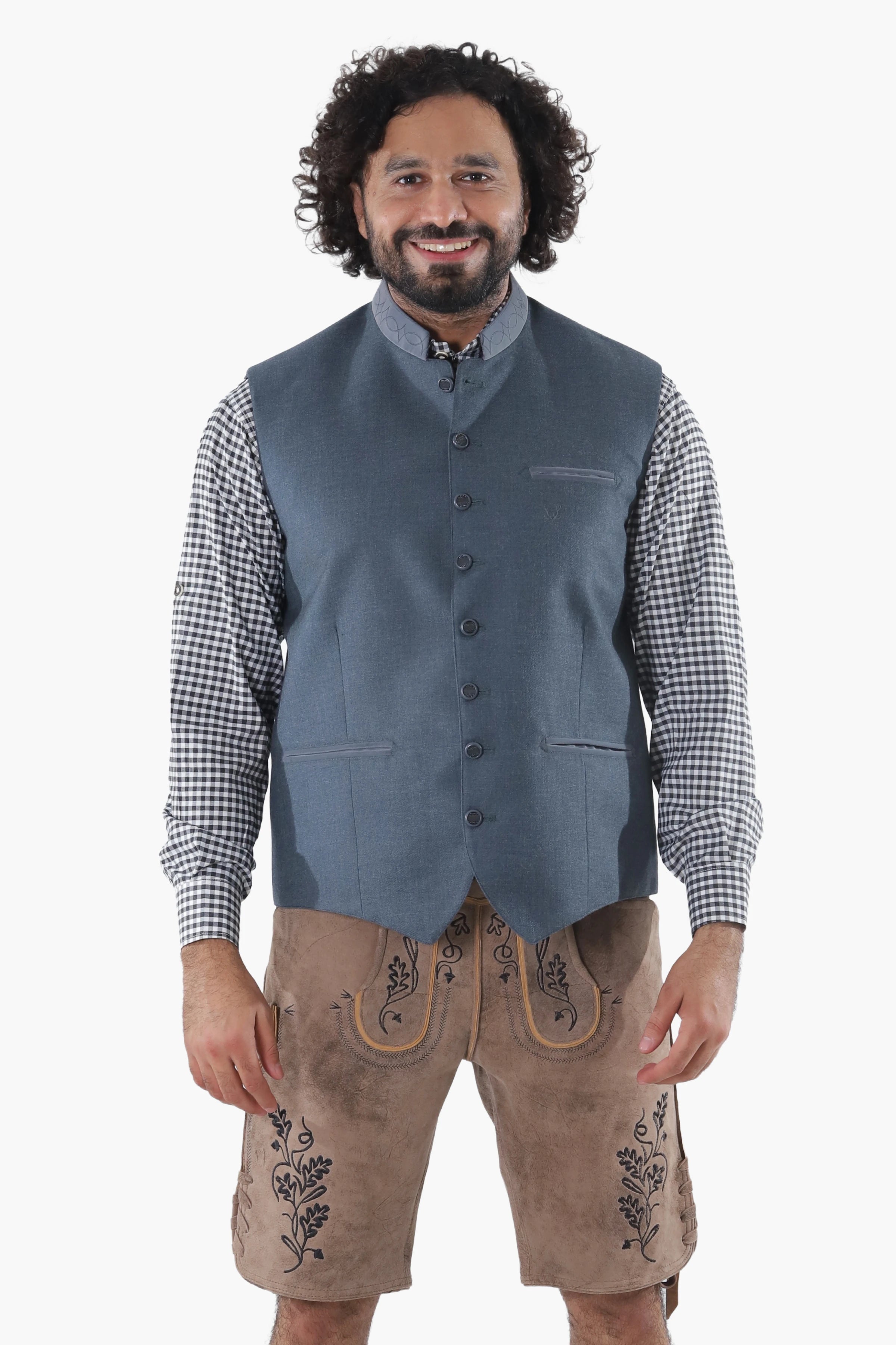 Classic grey Trachten waistcoat in soft wool featuring dark buttons and refined fit over checkered shirts