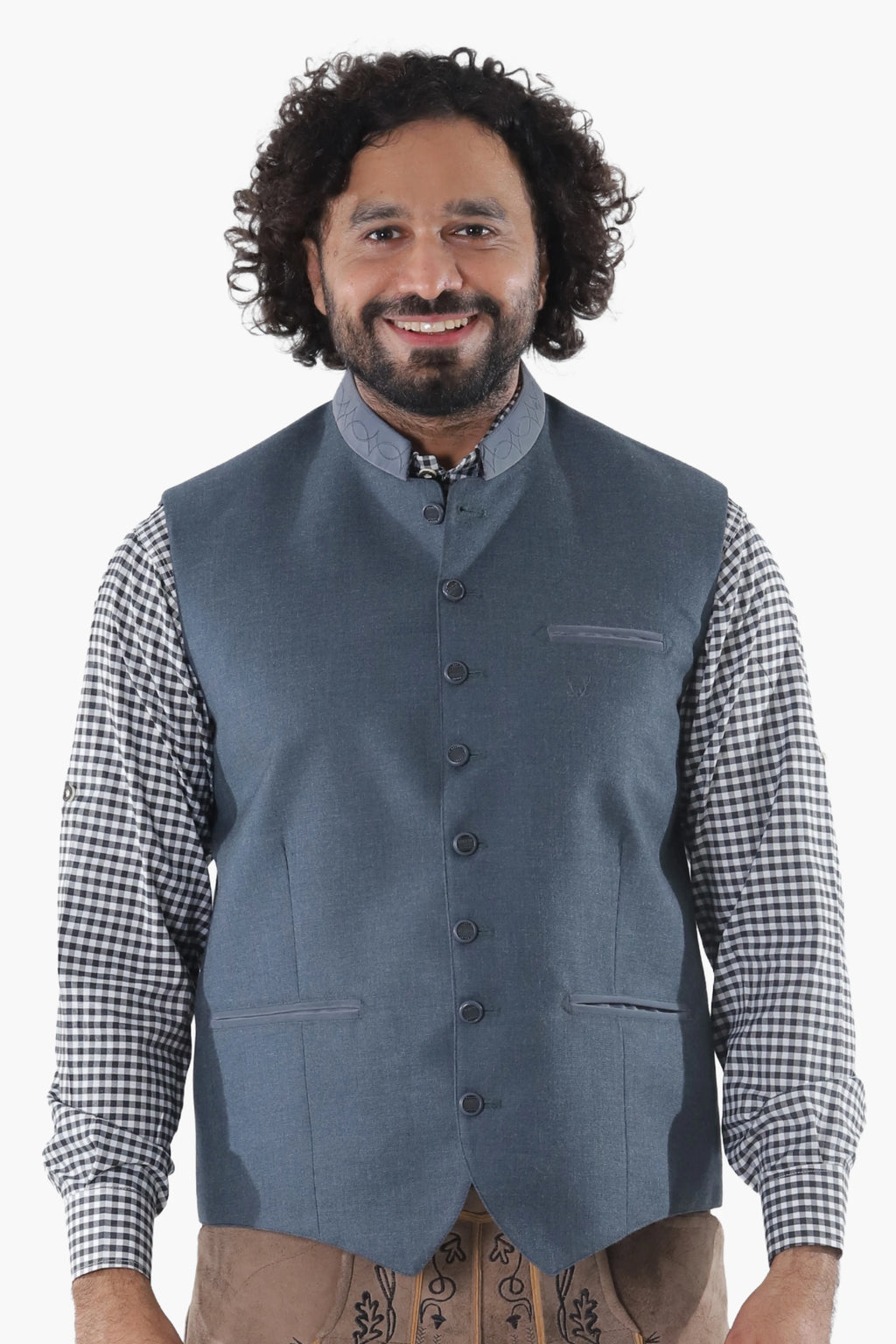 Classic grey Trachten waistcoat in soft wool featuring dark buttons and refined fit over checkered shirts