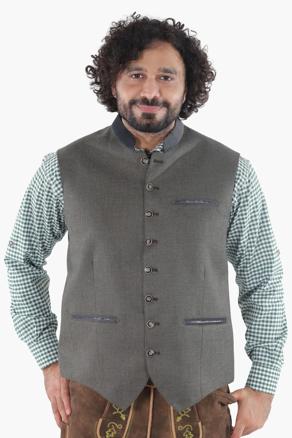 Forest green wool vest with dark leather trim, button front, and chest pockets for traditional Bavarian wear