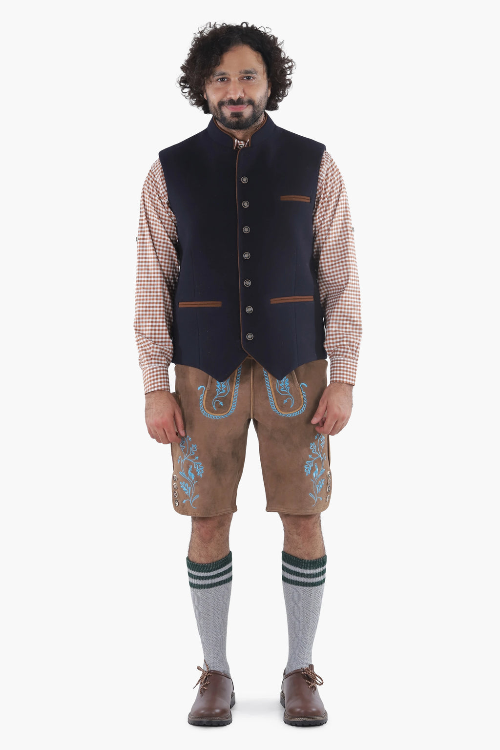 Navy tweed Bavarian vest with brown leather trim and decorative metal buttons, traditional folk styling