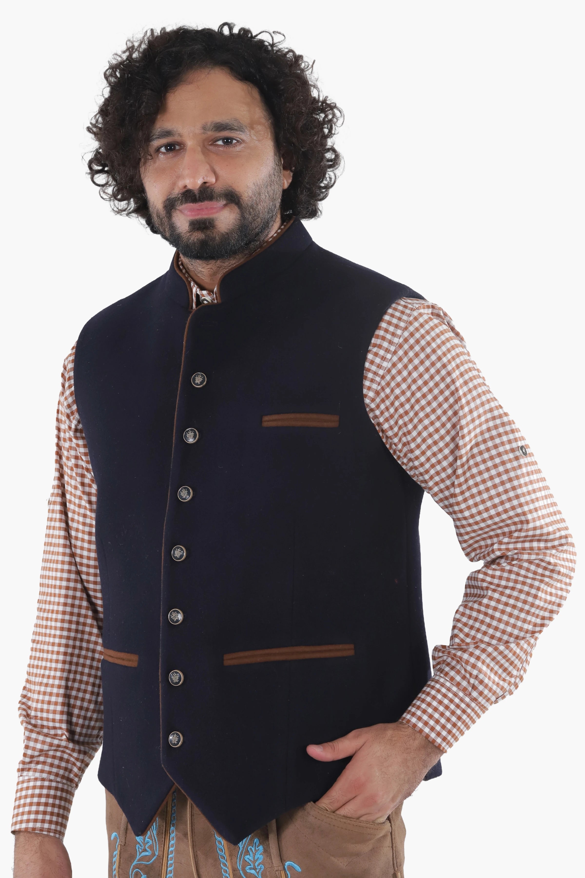 Navy tweed Bavarian vest with brown leather trim and decorative metal buttons, traditional folk styling