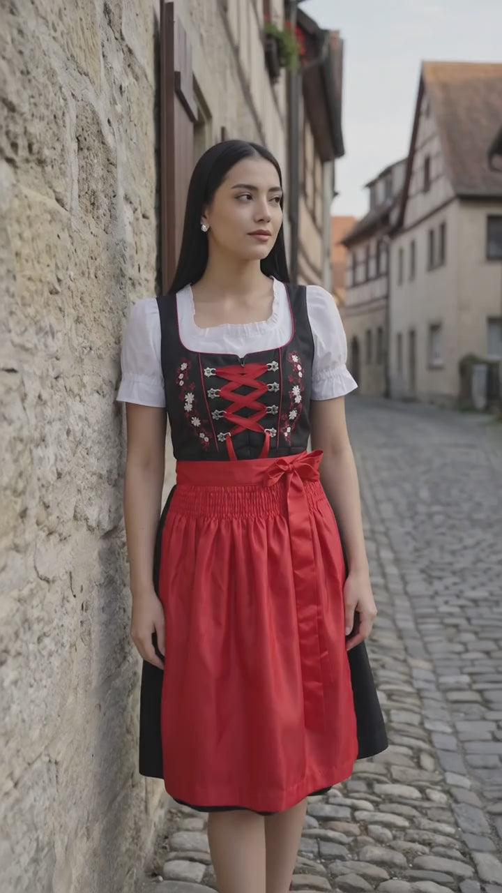 Black Dirndl Dress Red Embroidery Charm